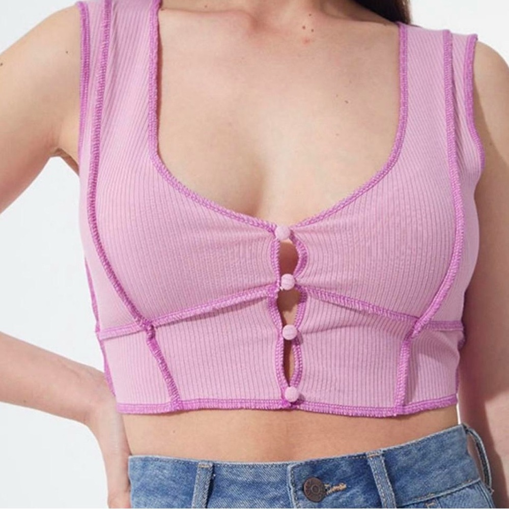 Urban Outfitters Women’s Pink Ribbed Crop Top with Button Front